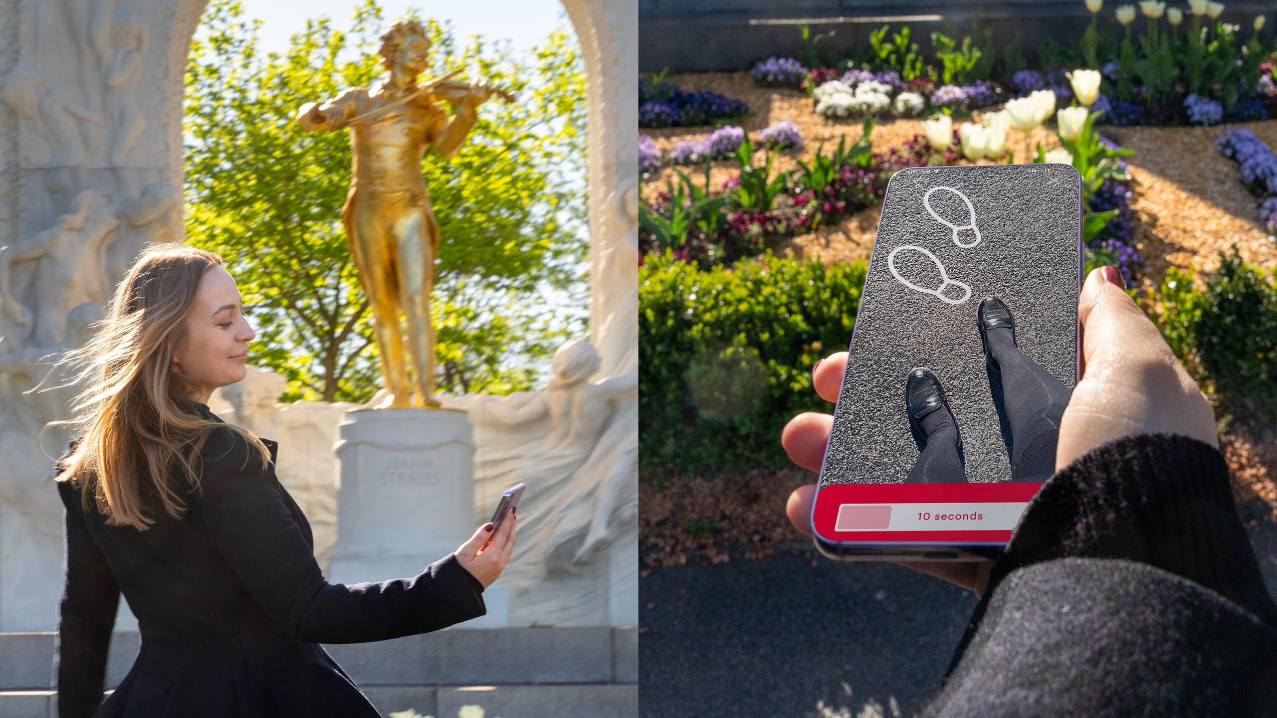 Johann Strauss memorial with smartphone that visualizes dance steps