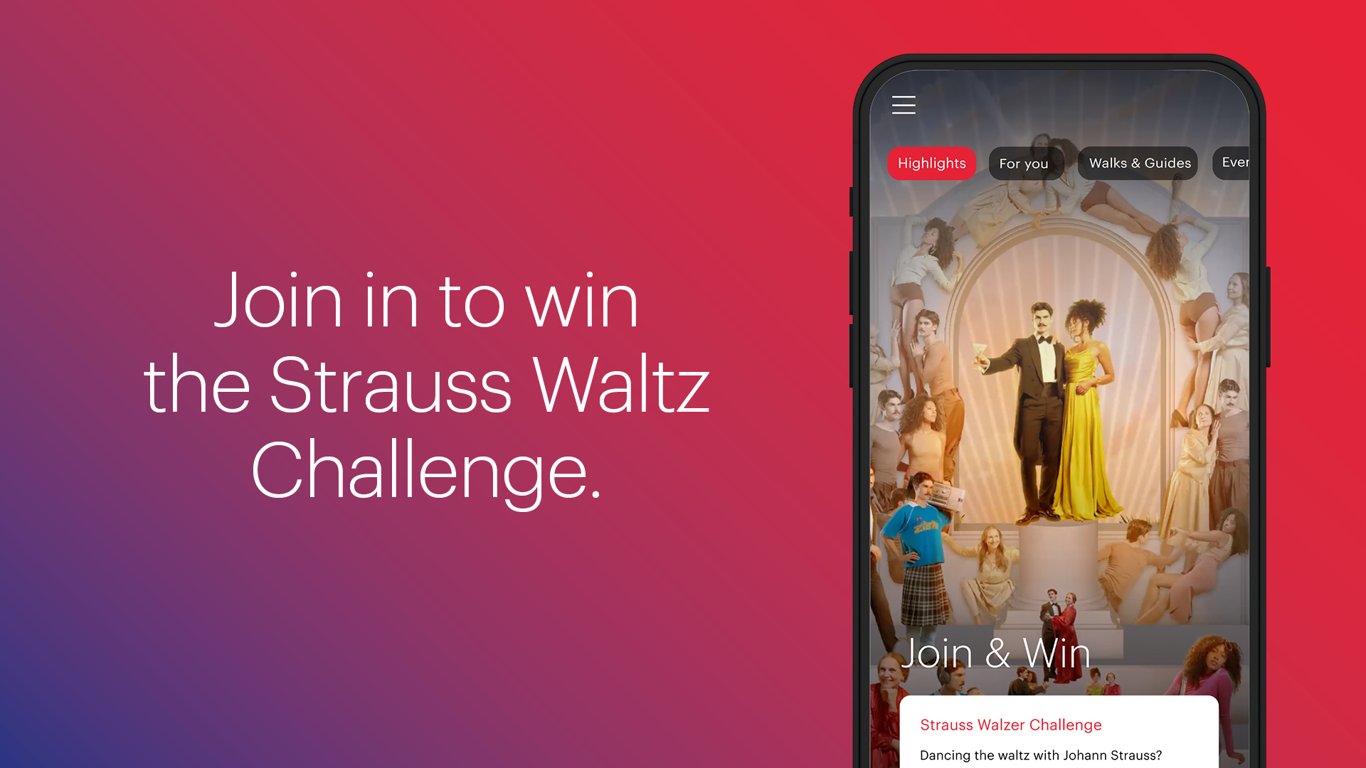Sujet with text: Join in to win the Strauss Waltz Challenge