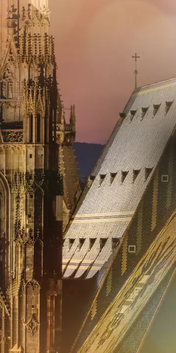 Stylized image of St. Stephen’s Cathedral in Vienna, showing its roof and tower details.