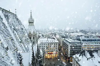 You can see the roofs of Vienna's city center and St. Stephen's Cathedral during snowfall