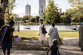 Family swimming in the Old Danube