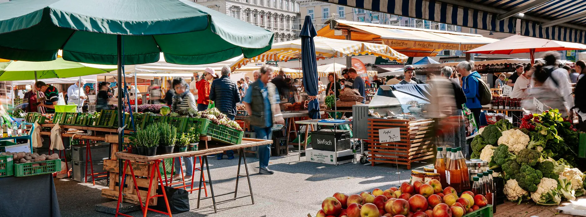 Food stands at the Karmelitermarkt in Vienna