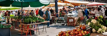 Food stands at the Karmelitermarkt in Vienna