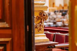 Musikverein Vienna, Golden Hall, view between two pillars onto the stage