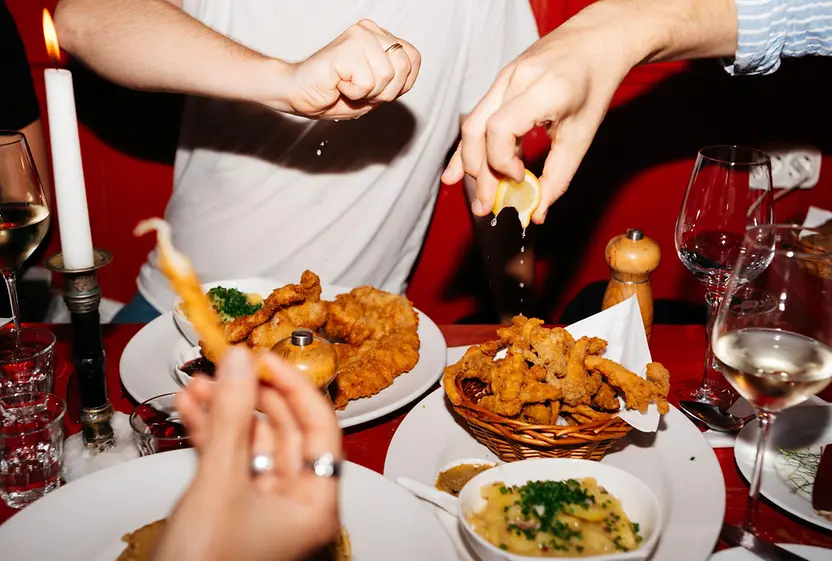 Schnitzel and fried oyster mushrooms