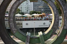 Bathing ship, exterior view with Art Nouveau railing in the foreground