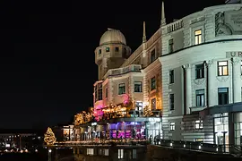 Terrace decorated for Christmas with a view of the Danube Canal