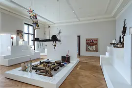 View inside an exhibition hall with exhibits from a Buddhist village in the Himalayas